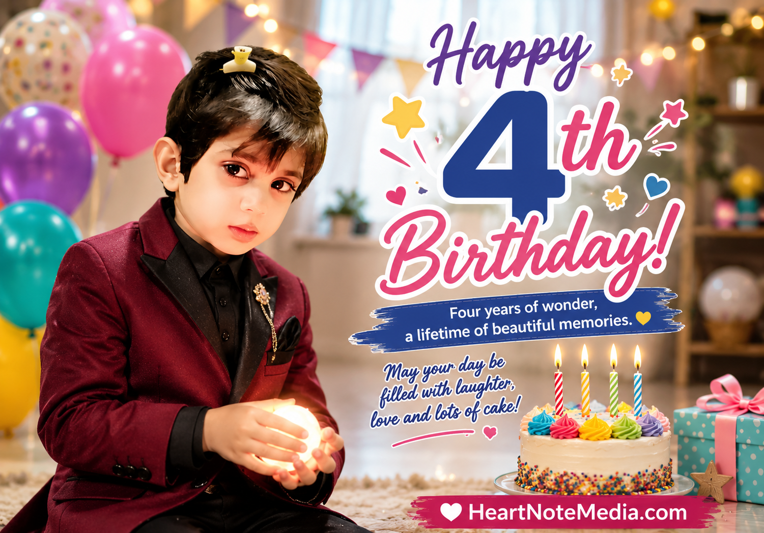 4th Birthday Wishes featured image with a smiling four-year-old boy in a burgundy suit celebrating with a birthday cake, colorful balloons, and HeartNoteMedia.com