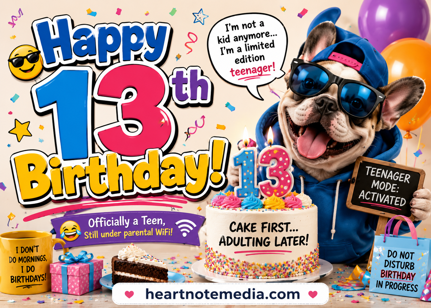 Happy 13th Birthday wishes featured image with colorful birthday cake, balloons, gifts, and heartfelt messages for teenagers