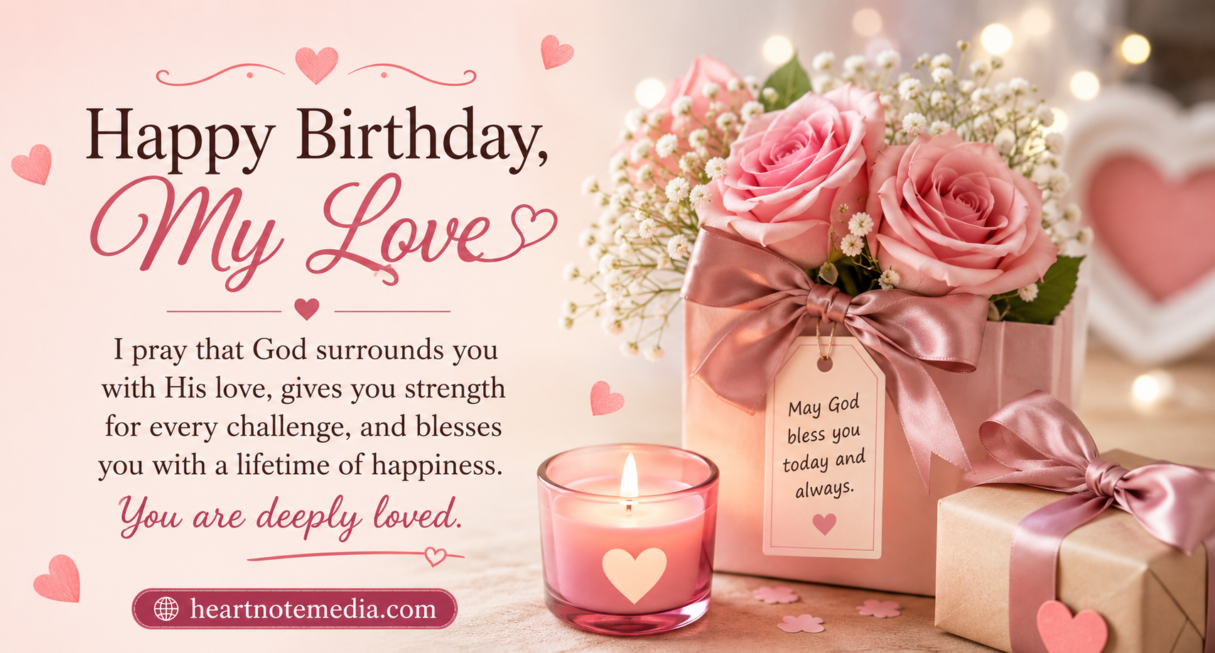 Birthday prayer for girlfriend with romantic roses, gifts, candle, and heartfelt blessing