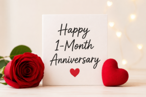 Happy 1-Month Anniversary with a red rose and heart Heartfelt 1-Month Anniversary Wishes