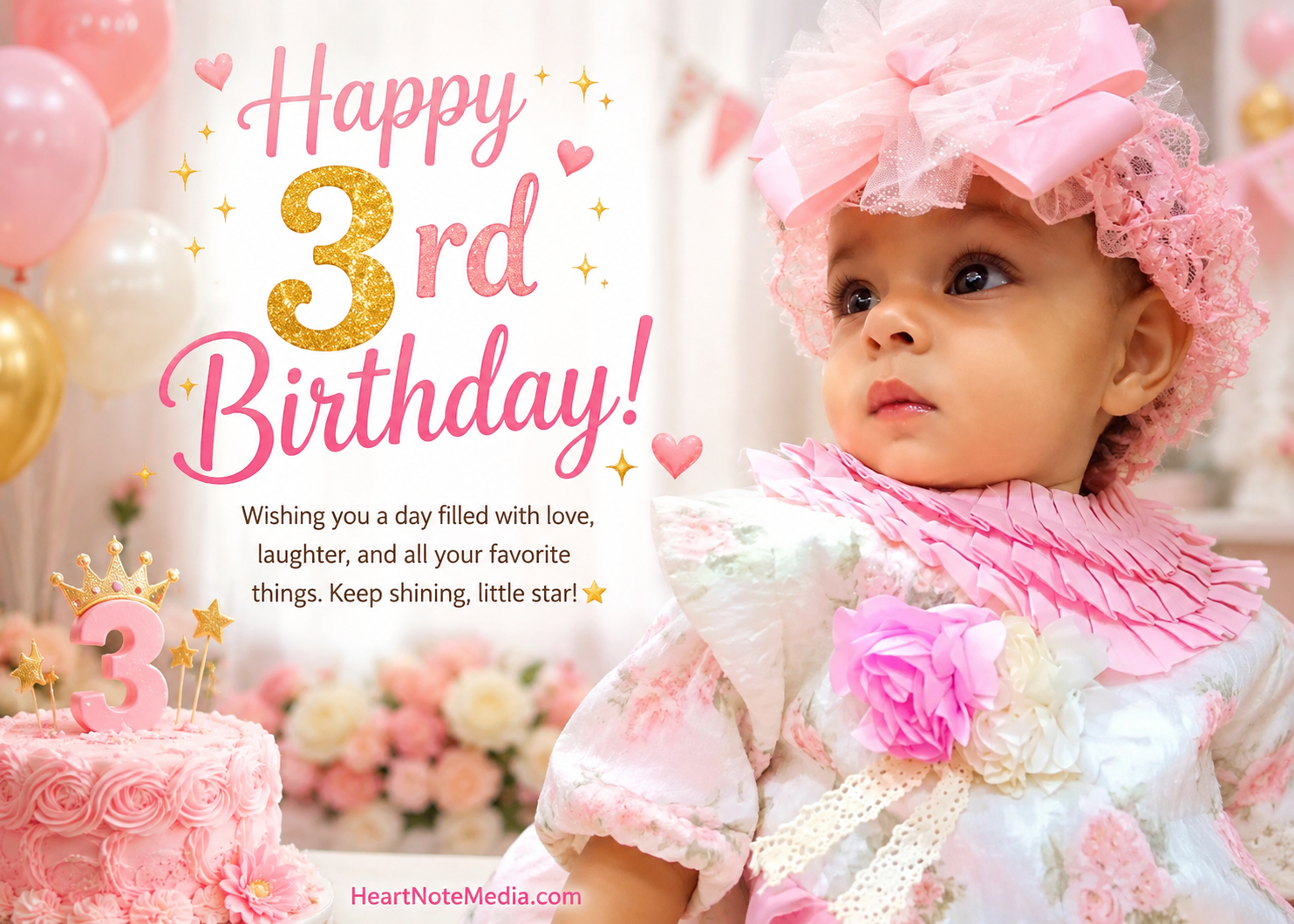 3rd Birthday Wishes with colorful balloons cake gifts and happy three year old celebration