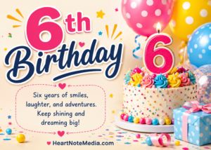 6th Birthday Quotes with colorful birthday cake balloons and happy six year old celebration