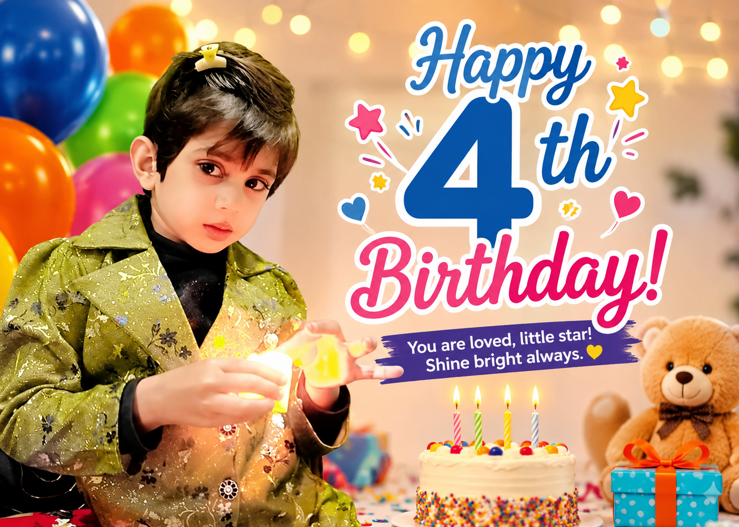 4th Birthday Wishes featured image with a smiling four-year-old boy in a burgundy suit celebrating with a birthday cake, colorful balloons, and HeartNoteMedia.com