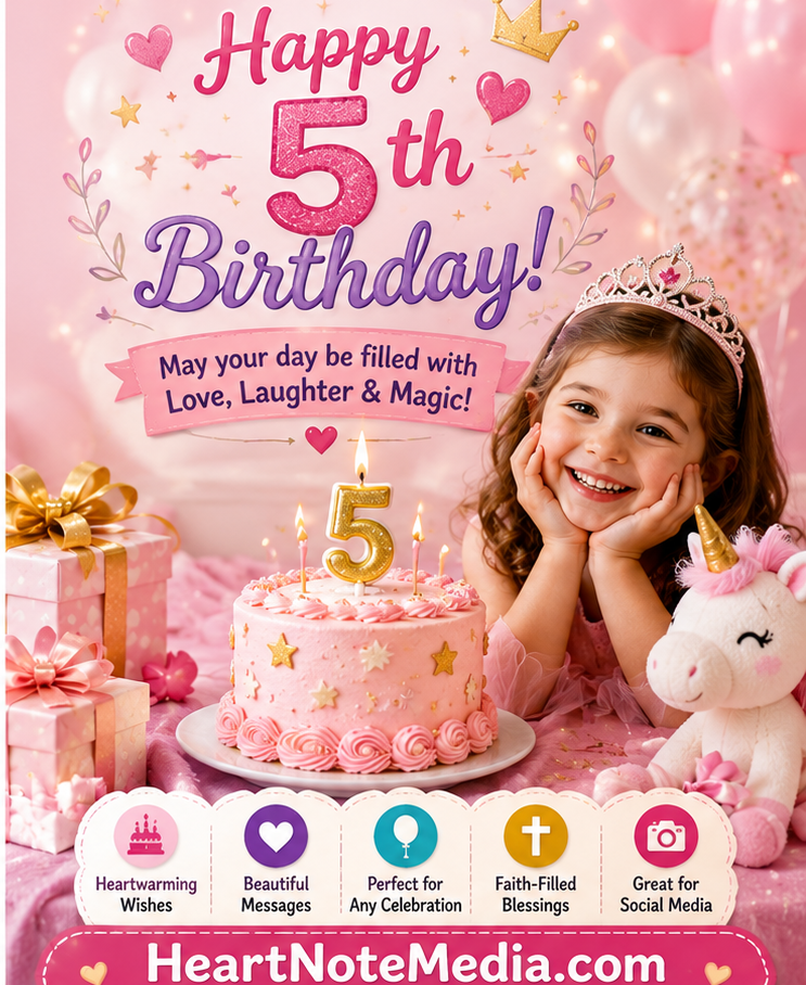 5th birthday celebration with happy five-year-old child, colorful balloons, birthday cake, gifts, and Happy 5th Birthday decorations