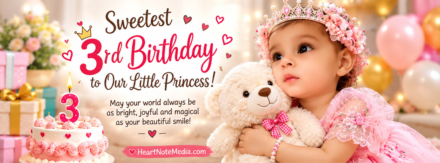 3rd Birthday Wishes with colorful balloons cake gifts and happy three year old celebration
