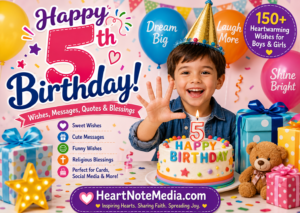 5th birthday wishes with happy 5-year-old child, birthday cake, colorful balloons, gifts, and HeartNoteMedia.com