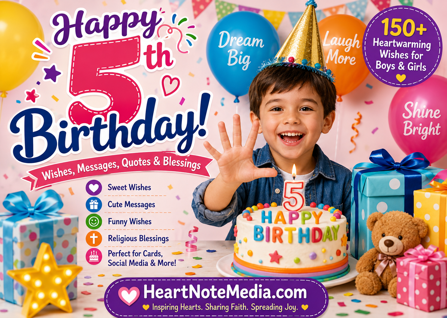 5th birthday wishes with happy 5-year-old child, birthday cake, colorful balloons, gifts, and HeartNoteMedia.com