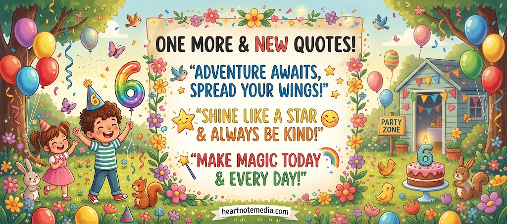 6th Birthday Quotes with colorful birthday cake balloons and happy six year old celebration