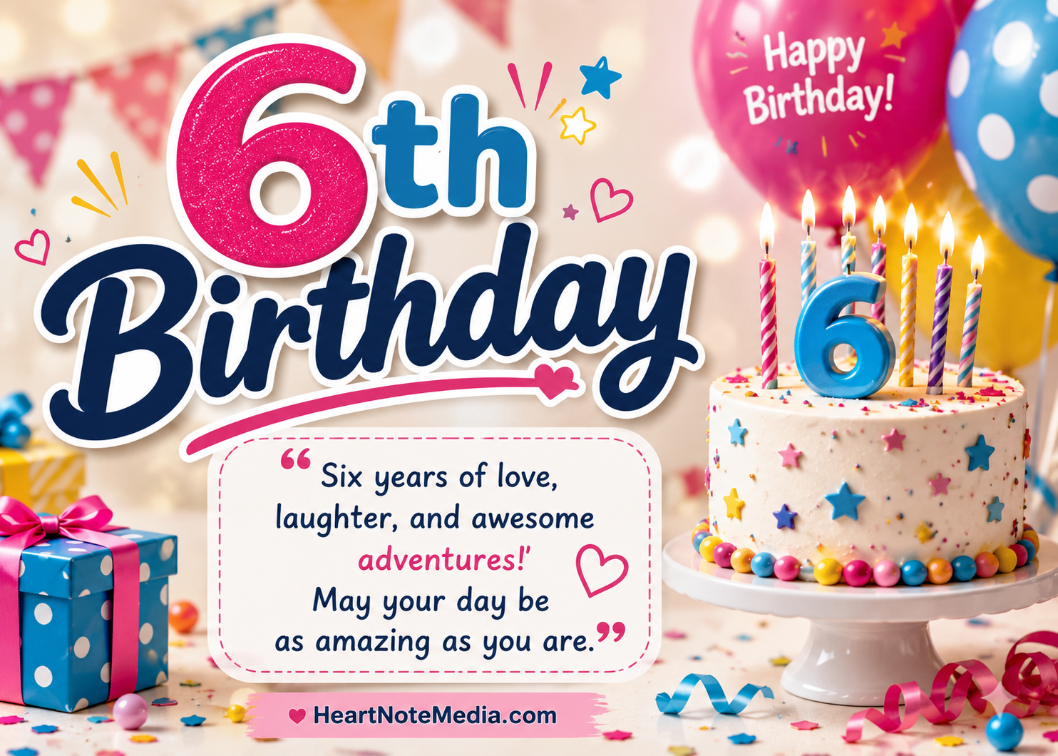 6th Birthday Quotes with colorful birthday cake balloons and happy six year old celebration
