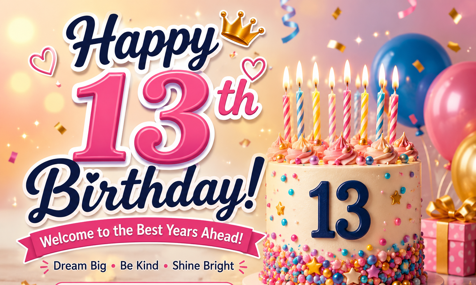 Happy 13th Birthday wishes featured image with colorful birthday cake, balloons, gifts, and heartfelt messages for teenagers