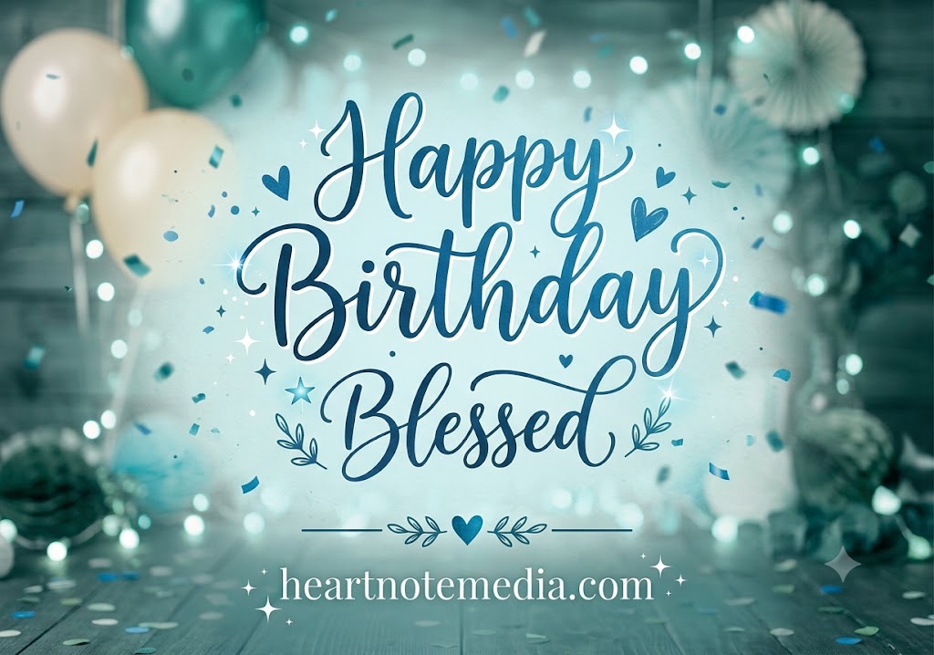 Happy Blessed Birthday image featuring a birthday cake, flowers, Bible, gift box, and heartfelt birthday blessings with heartnotemedia.com branding.