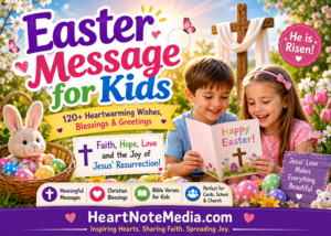 Easter message for kids with happy children celebrating Easter Sunday, colorful eggs, spring flowers, and Christian cross