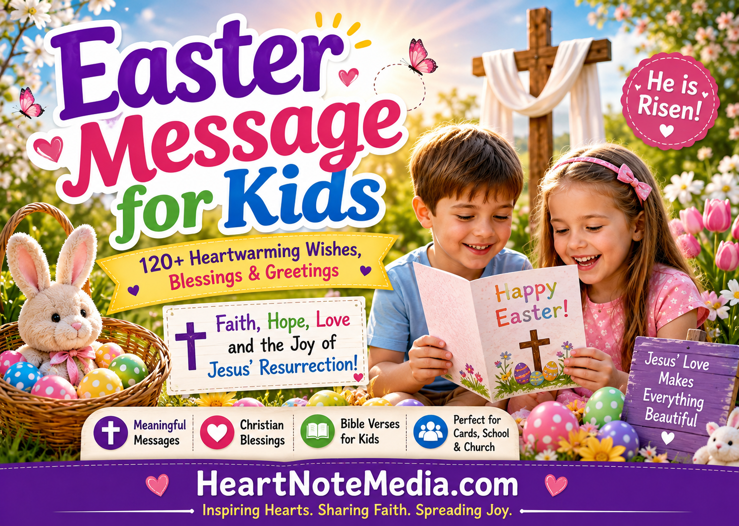 Easter message for kids with happy children celebrating Easter Sunday, colorful eggs, spring flowers, and Christian cross