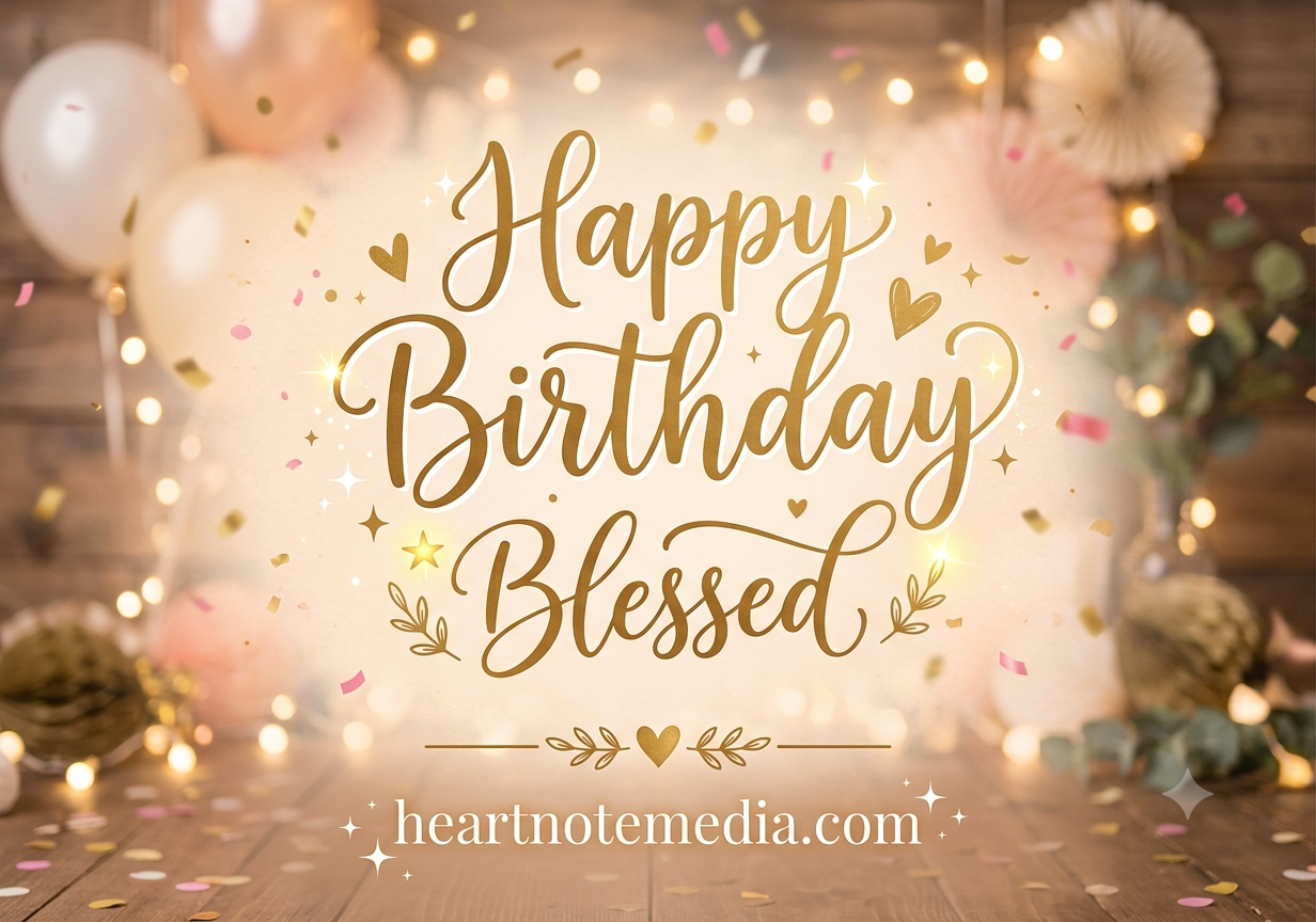 Happy Blessed Birthday image featuring a birthday cake, flowers, Bible, gift box, and heartfelt birthday blessings with heartnotemedia.com branding.