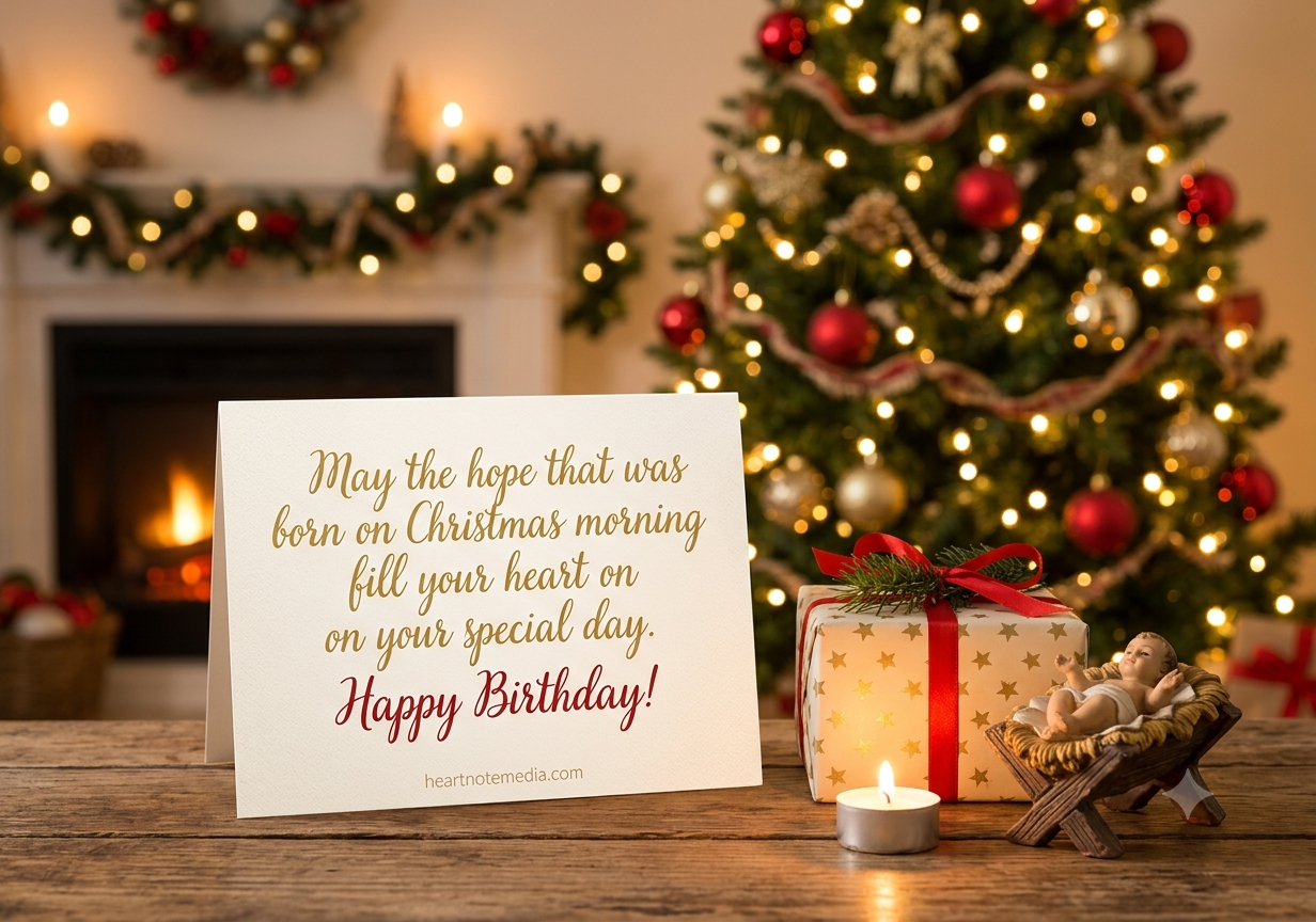 Christ Birthday Wishes featured image with a cross, birthday cake, Bible, lilies, and faith-filled blessings featuring HeartNoteMedia.com.