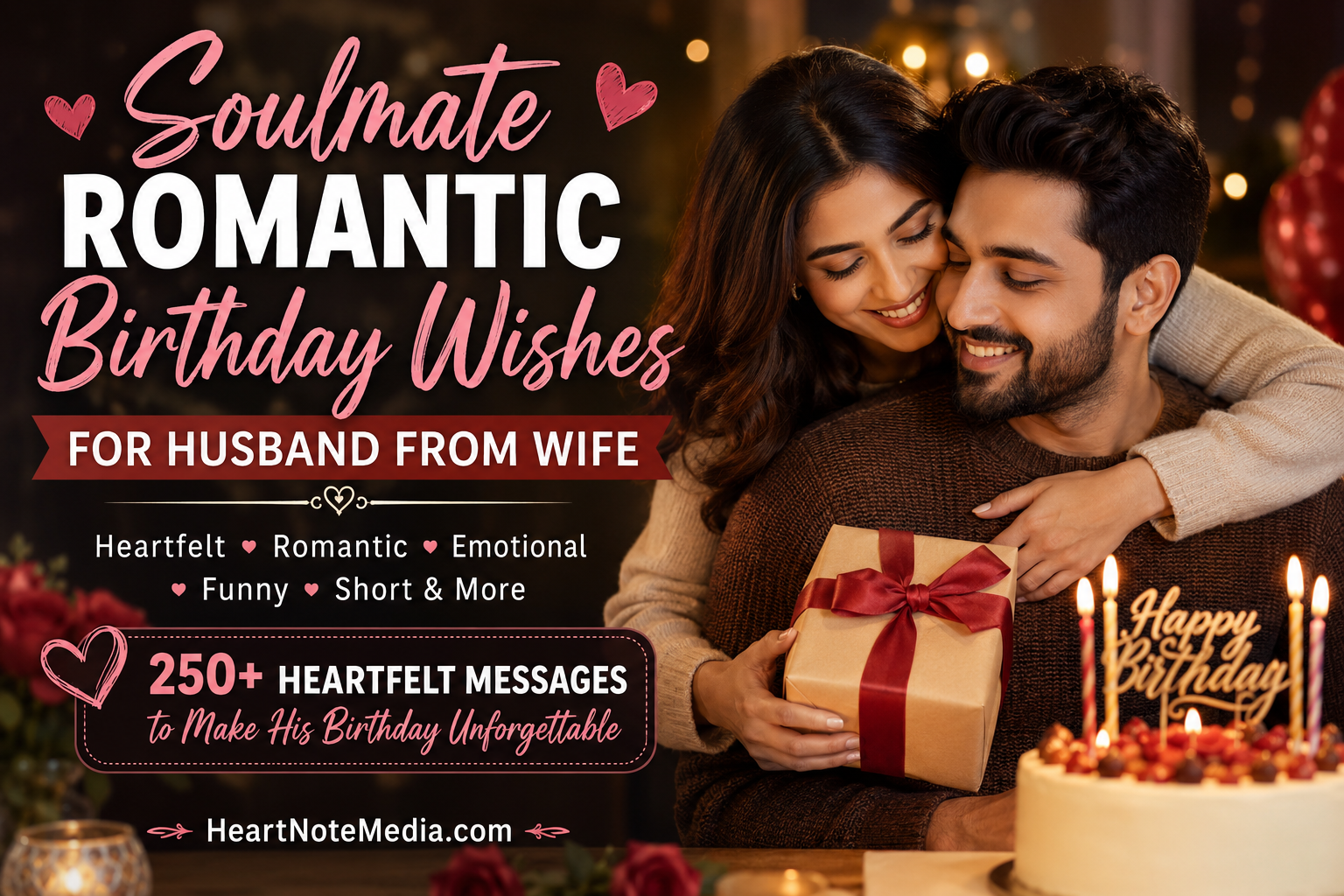 Soulmate romantic birthday wishes for husband from wife with a loving couple celebrating a birthday together.