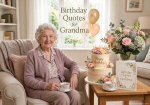 Birthday Quotes for Grandma with a beautiful birthday cake, flowers, and elegant pastel decorations