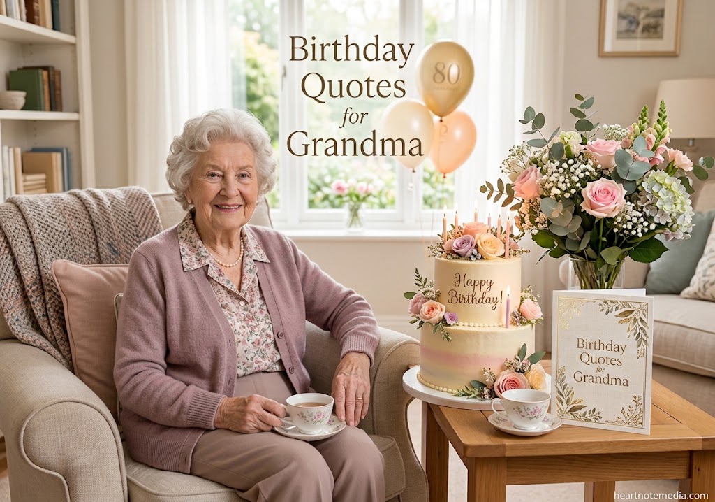 Birthday Quotes for Grandma with a beautiful birthday cake, flowers, and elegant pastel decorations
