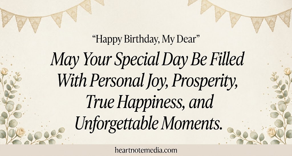 Modern birthday quote with balloons, cake, confetti, and heartnotemedia.com

