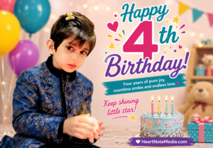 4th Birthday Wishes featured image with a smiling four-year-old boy in a burgundy suit celebrating with a birthday cake, colorful balloons, and HeartNoteMedia.com