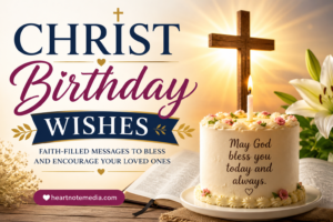 Christ Birthday Wishes featured image with a cross, birthday cake, Bible, lilies, and faith-filled blessings featuring HeartNoteMedia.com