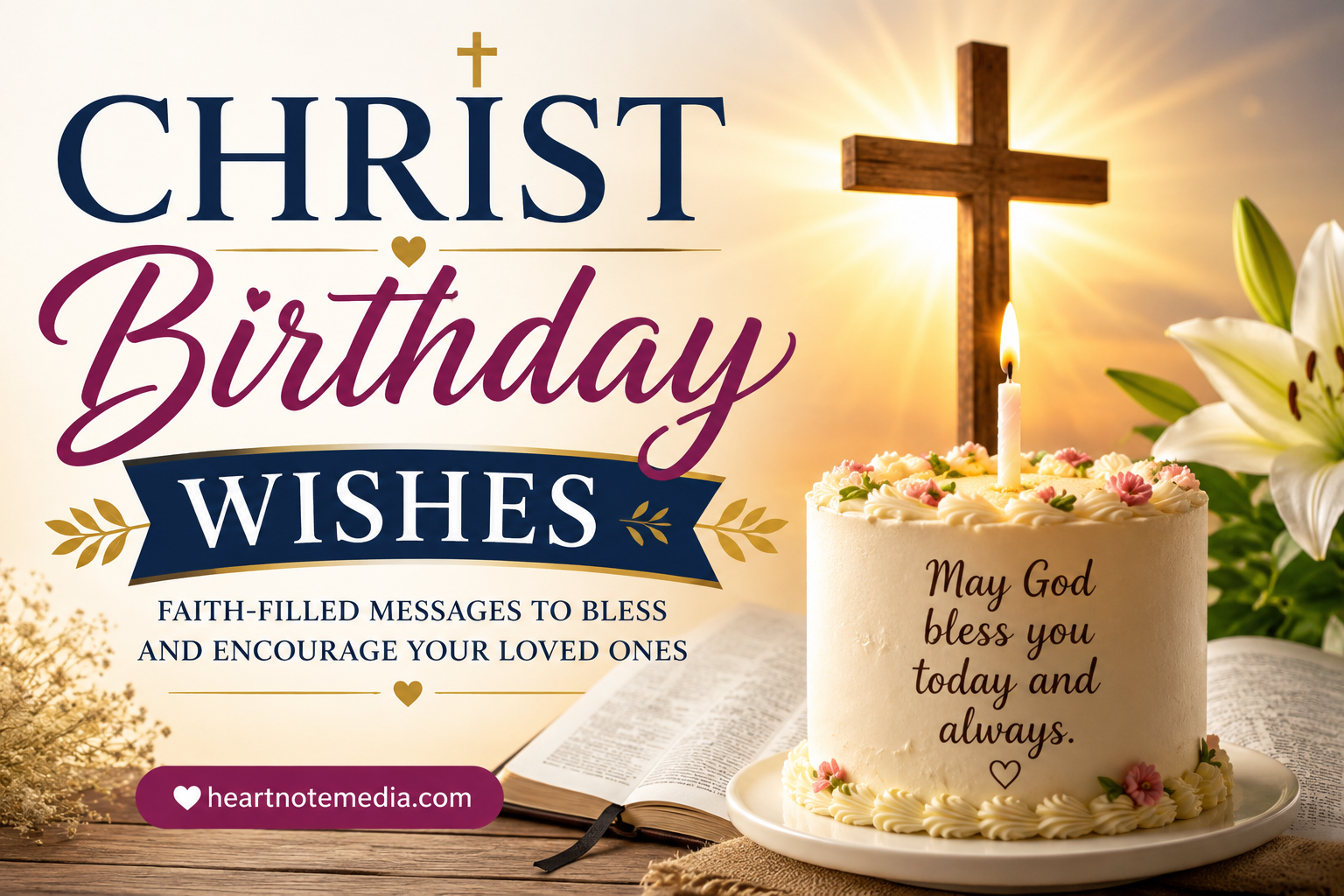 Christ Birthday Wishes featured image with a cross, birthday cake, Bible, lilies, and faith-filled blessings featuring HeartNoteMedia.com