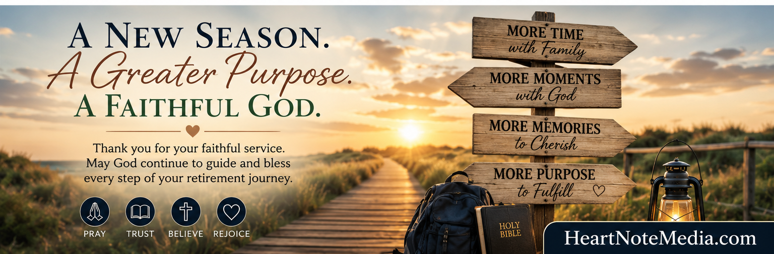 Christian retirement blessings featuring a peaceful sunrise path, Bible, inspirational signposts, and HeartNoteMedia.com branding.