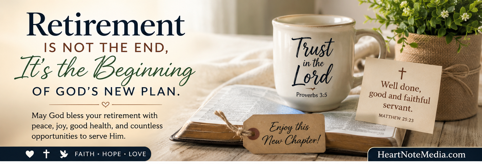 Christian retirement blessings featuring a peaceful sunrise path, Bible, inspirational signposts, and HeartNoteMedia.com branding.