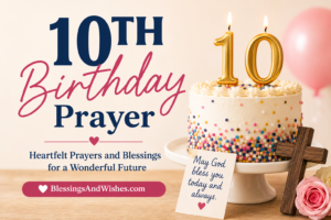 10th Birthday Prayer with birthday cake, golden number 10, and heartfelt blessings