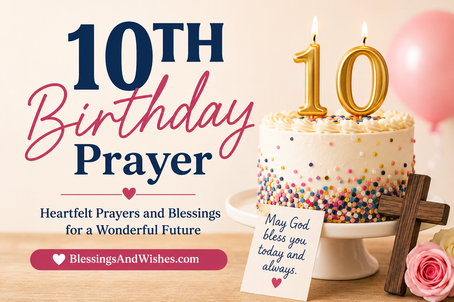 10th Birthday Prayer with birthday cake, golden number 10, and heartfelt blessings