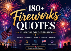 Colorful fireworks lighting up the night sky with inspiring fireworks quotes for celebrations, Instagram captions, holidays, and special occasions by HeartNoteMedia.com.