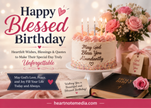Happy Blessed Birthday image featuring a birthday cake, flowers, Bible, gift box, and heartfelt birthday blessings with heartnotemedia.com branding.