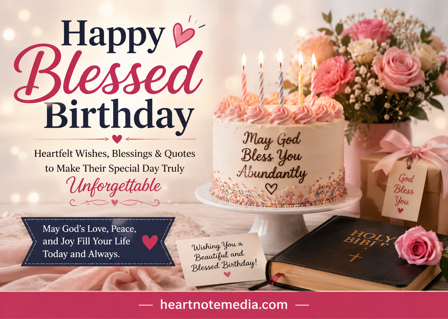 Happy Blessed Birthday image featuring a birthday cake, flowers, Bible, gift box, and heartfelt birthday blessings with heartnotemedia.com branding.