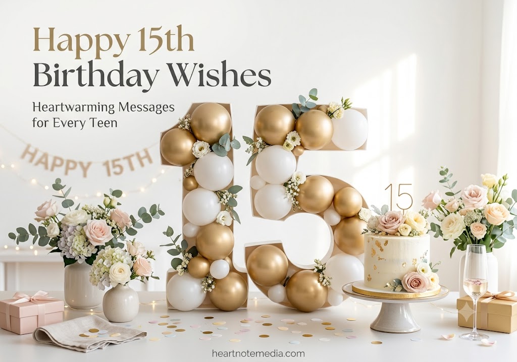 Happy 15th birthday message with cake and number 15 celebration