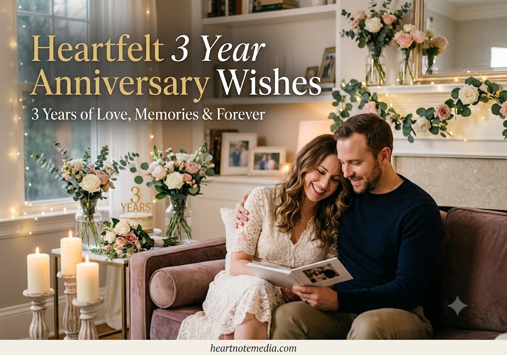 Find heartfelt 3 year anniversary wishes for your husband, wife, boyfriend, girlfriend, and special couples. Explore romantic, emotional, cute, funny, and short anniversary messages.