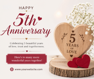 Heartfelt 5th Anniversary Wishes to Melt Hearts 2026 with a wooden heart and romantic anniversary decorations.