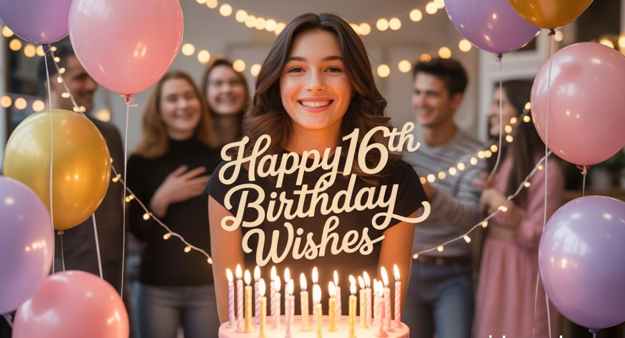 Unforgettable Happy 16th Birthday Wishes for Sweet Sixteen 2026 celebration with cake and balloons.