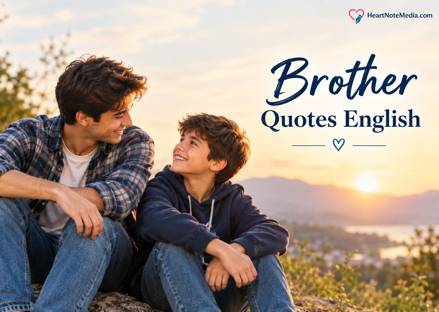 Brother Quotes English featuring two brothers sharing a joyful moment at sunset