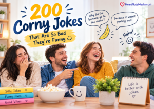 200 corny jokes with friends laughing and playful funny joke illustrations.