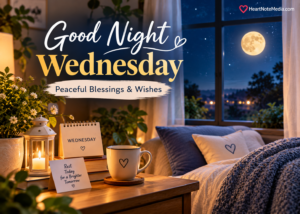 Good Night Wednesday: Peaceful Blessings & Wishes — cozy moonlit bedroom with warm lights.