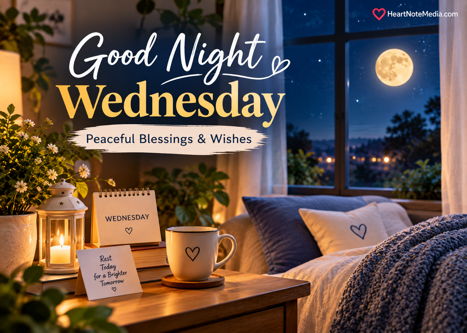 Good Night Wednesday: Peaceful Blessings & Wishes — cozy moonlit bedroom with warm lights.