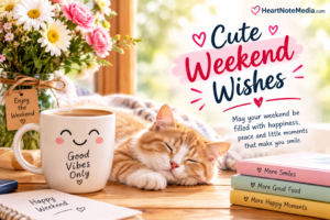 Cute weekend wishes message on a cozy Saturday morning background