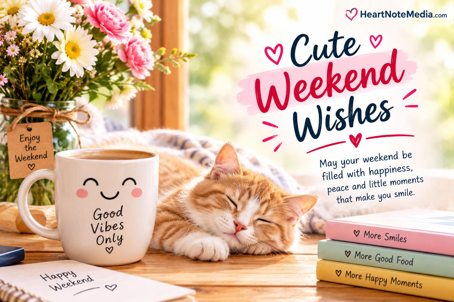 Cute weekend wishes message on a cozy Saturday morning background