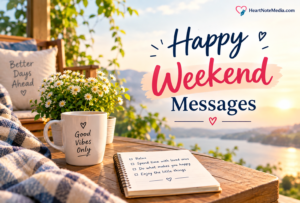 Happy weekend messages quote card with sunset rooftop scene and hammock, reading "Rest well, you've earned it"