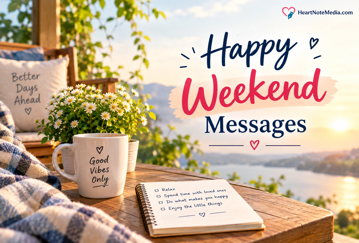Happy weekend messages quote card with sunset rooftop scene and hammock, reading "Rest well, you've earned it"