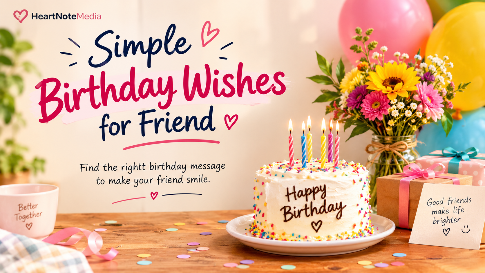 Simple birthday wishes for a friend with a birthday cake, flowers, balloons, and gifts.